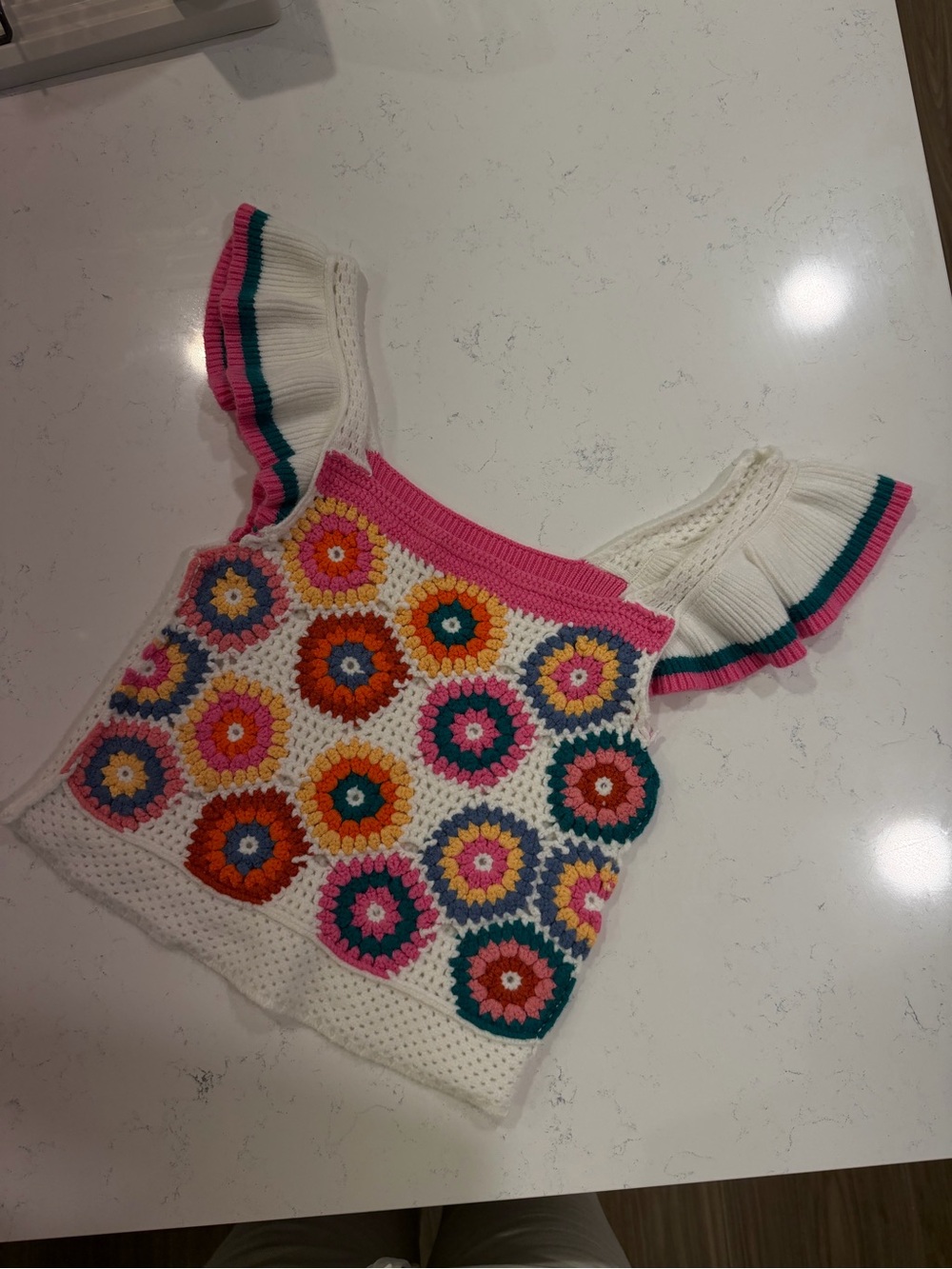 Crochet Floral Square Neck Tank Top - White with Pink, Teal & Orange